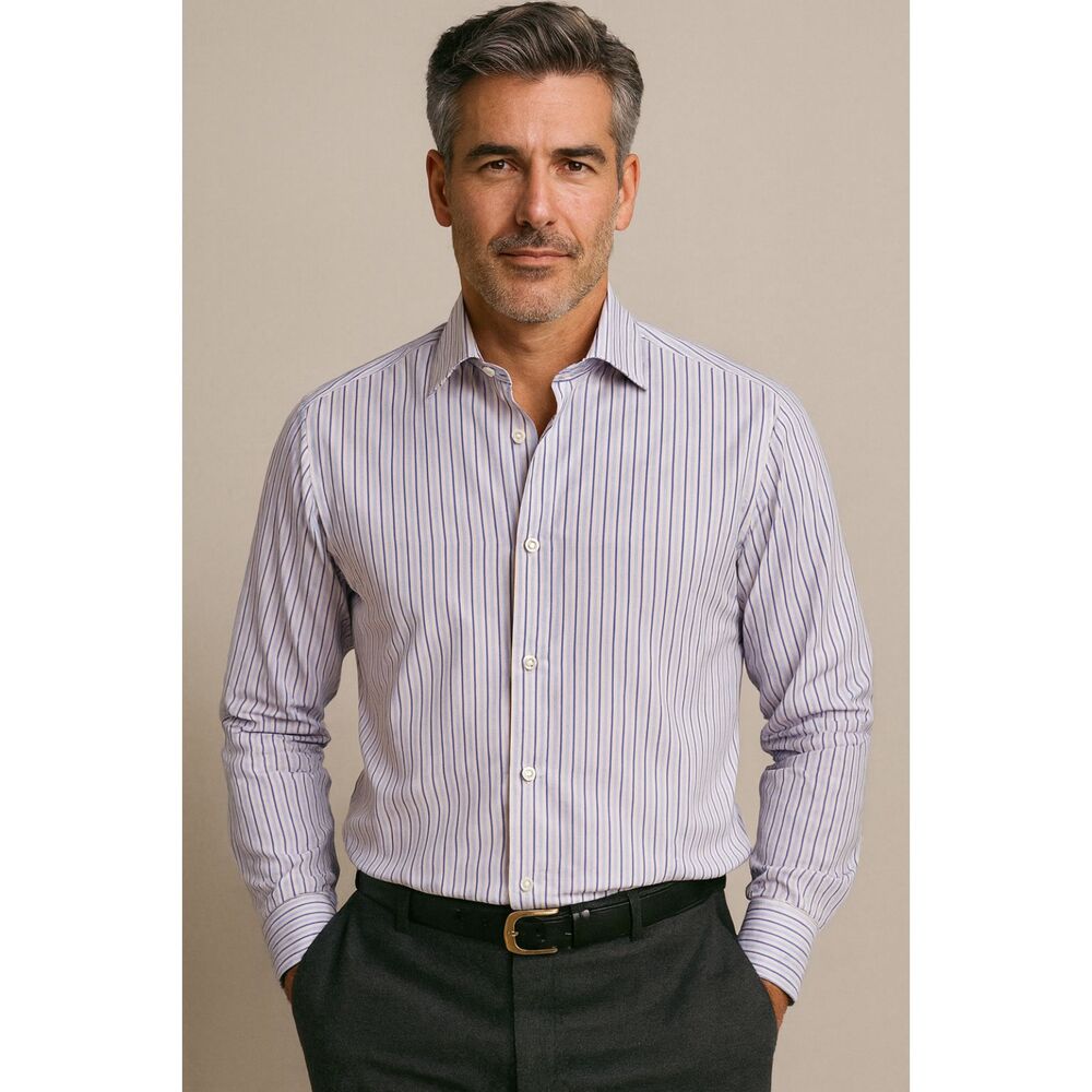 KITON Blue Purple Stripe 100% Cotton Long Sleeve Button Up Shirt  Mens Size 16